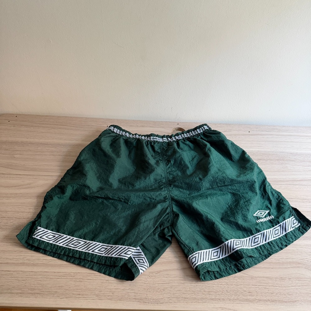 Vintage 90s Umbro Nylon Soccer Shorts XL Green White Diamond Border Pattern